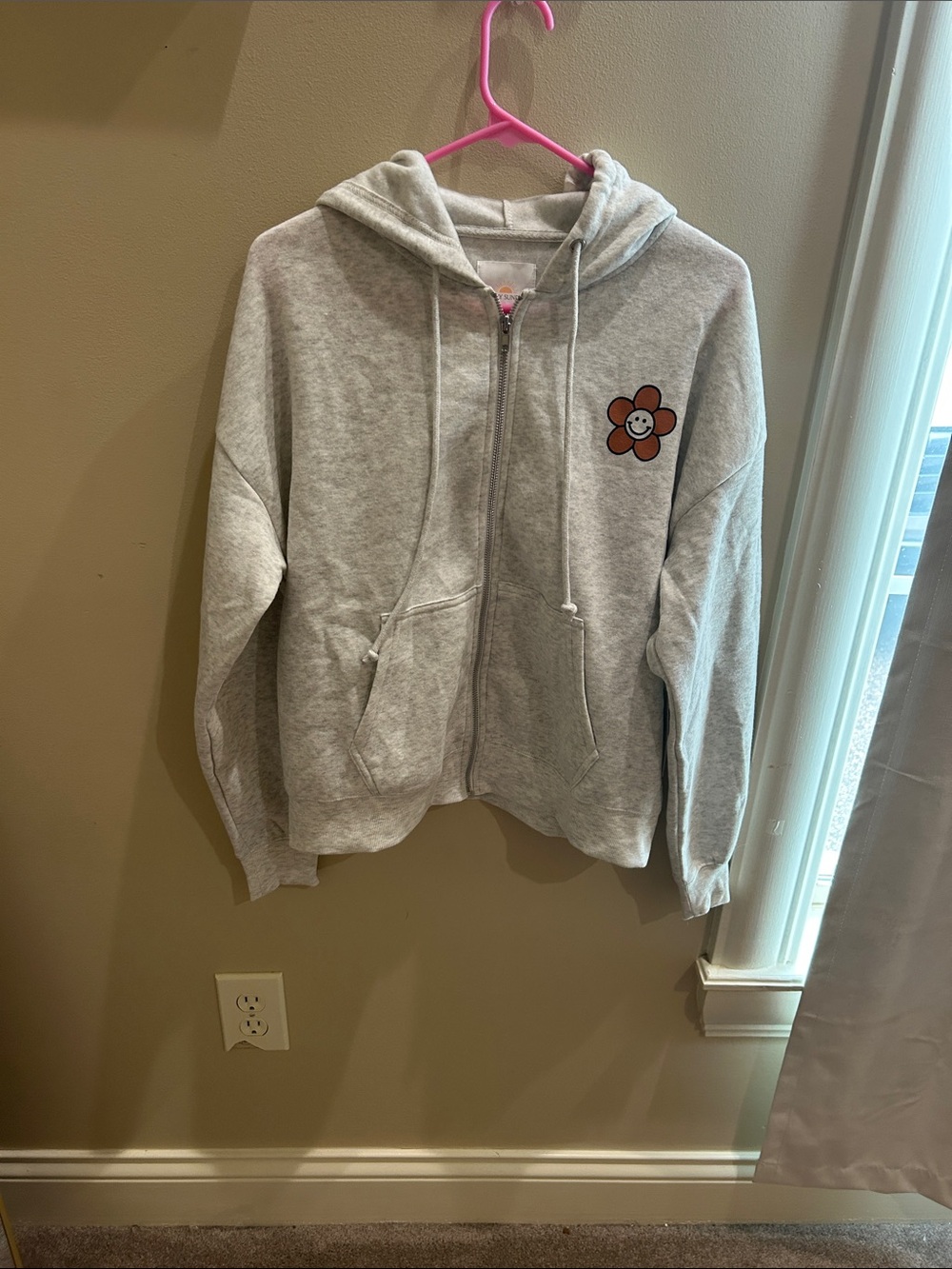 Medium Gray Zip-Up Hoodie with Flower Patch